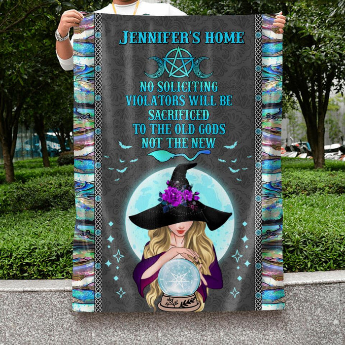 Custom Personalized Witch Flag Sign - Best Gift Idea For Halloween - No Soliciting Violations Will Be Sacrificed To The Old Gods Not The New