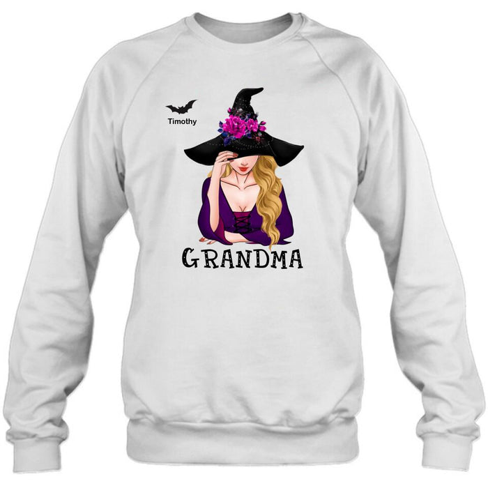 Custom Personalized Witch Shirt/ Hoodie - Gift Idea For Halloween To Grandma From Kid up to 10 Kids