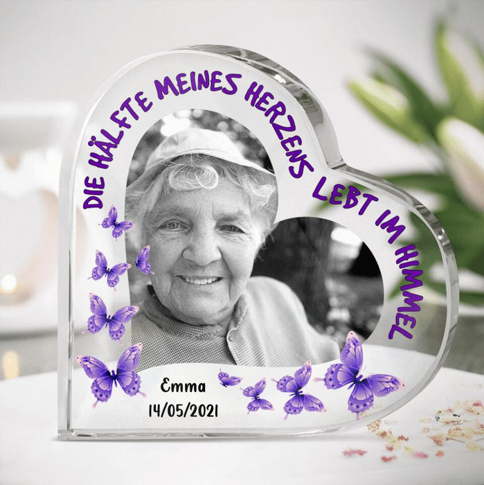 Custom Personalized Memorial Crystal Heart - Upload Dad/Mom Photo - Germany Quotes - Die hälfte meines herzens lebt im himmel