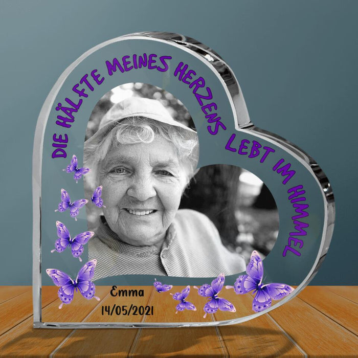 Custom Personalized Memorial Crystal Heart - Upload Dad/Mom Photo - Germany Quotes - Die hälfte meines herzens lebt im himmel