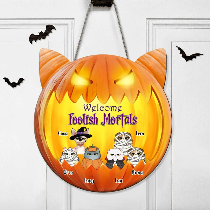 Custom Personalized Halloween Cat Wooden Sign - Halloween Gift For Cat Lovers  - Up to 6 Cats - Don't let the cats out