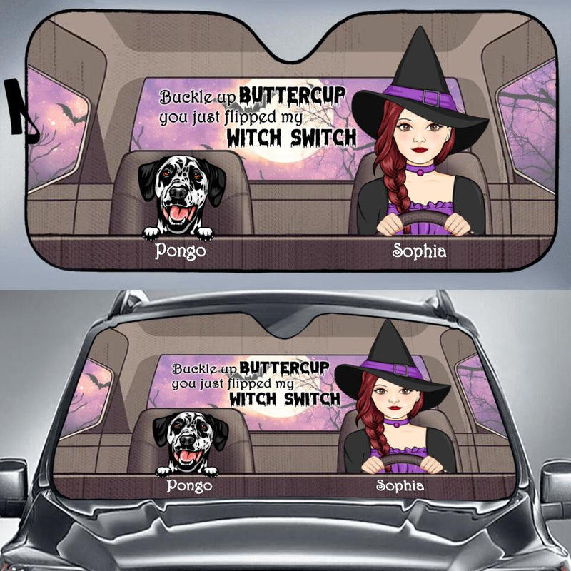 Personalized Dog Witch Car Sunshade - Up to 5 Dogs - Halloween Gift Idea For Dog Lovers - Buckle Up Buttercup You Just Flipped My Witch Switch