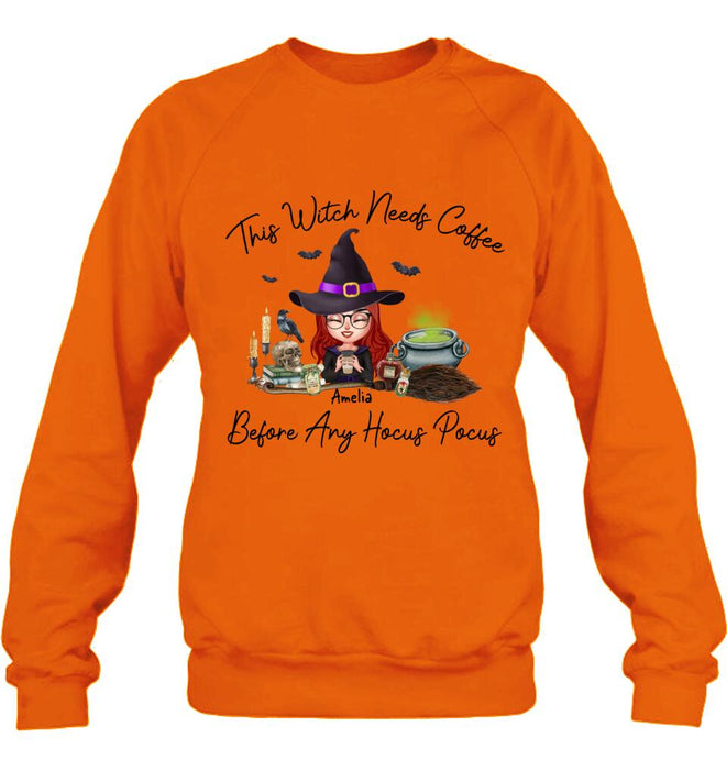 Custom Personalized Witch T-shirt/ Long Sleeve/ Sweatshirt/ Hoodie - Halloween Gift Idea - This Witch Needs Coffee Before Any Hocus Pocus