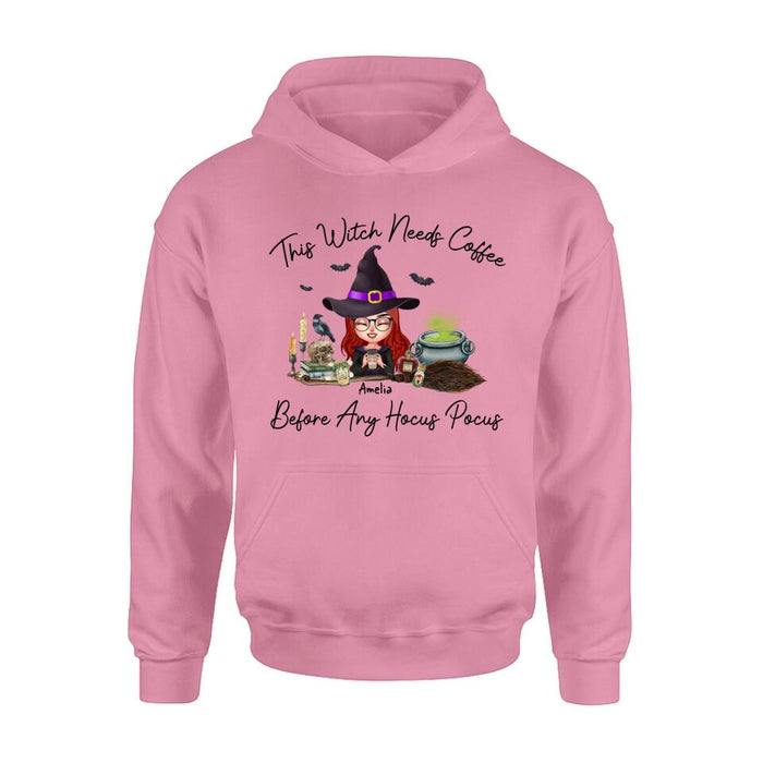 Custom Personalized Witch T-shirt/ Long Sleeve/ Sweatshirt/ Hoodie - Halloween Gift Idea - This Witch Needs Coffee Before Any Hocus Pocus