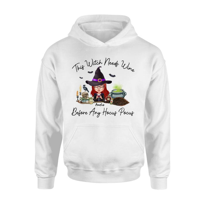 Custom Personalized Witch T-shirt/ Long Sleeve/ Sweatshirt/ Hoodie - Halloween Gift Idea - This Witch Needs Wine Before Any Hocus Pocus