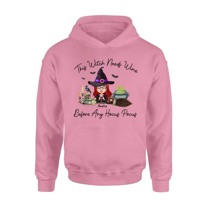 Custom Personalized Witch T-shirt/ Long Sleeve/ Sweatshirt/ Hoodie - Halloween Gift Idea - This Witch Needs Wine Before Any Hocus Pocus