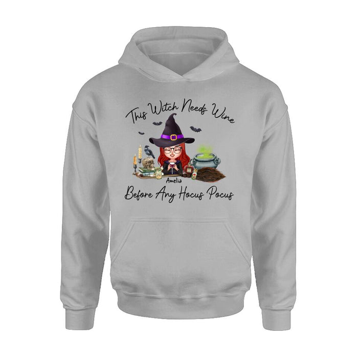 Custom Personalized Witch T-shirt/ Long Sleeve/ Sweatshirt/ Hoodie - Halloween Gift Idea - This Witch Needs Wine Before Any Hocus Pocus