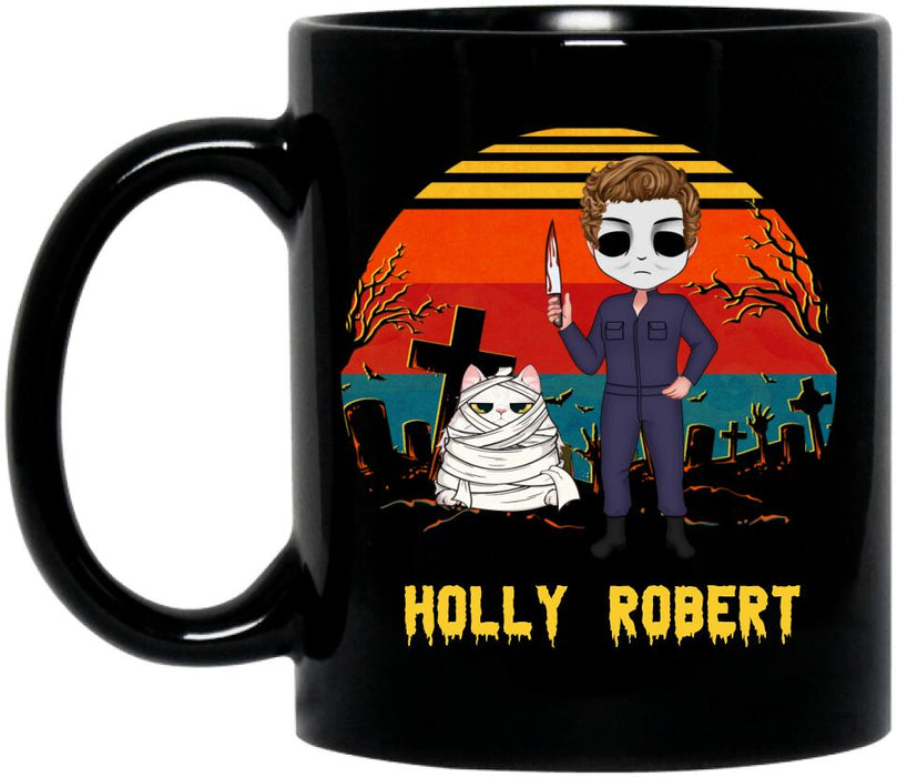 Custom Personalized Horror Movie Coffee Mug - Halloween Gift For Dog Lover/ Cat Lover/ Horror Movie Lover - Upto 4 Dogs/ Cats - I Just Want To Pet My Dog And Watch Horror Movies