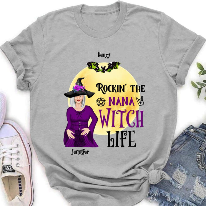 Custom Personalized Halloween Shirt/ Hoodie - Gift Idea For Halloween/ Nana From Kids with up to 7 Kids - Rockin' The Nana Witch Life