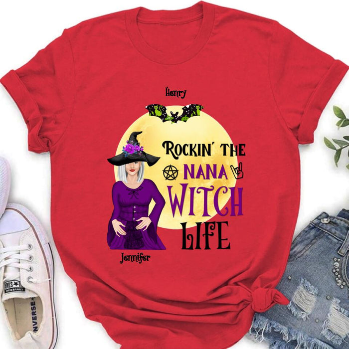 Custom Personalized Halloween Shirt/ Hoodie - Gift Idea For Halloween/ Nana From Kids with up to 7 Kids - Rockin' The Nana Witch Life