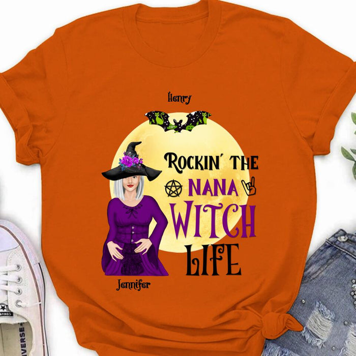 Custom Personalized Halloween Shirt/ Hoodie - Gift Idea For Halloween/ Nana From Kids with up to 7 Kids - Rockin' The Nana Witch Life