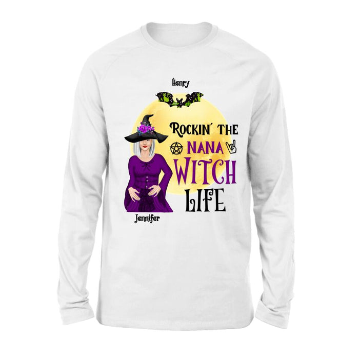 Custom Personalized Halloween Shirt/ Hoodie - Gift Idea For Halloween/ Nana From Kids with up to 7 Kids - Rockin' The Nana Witch Life