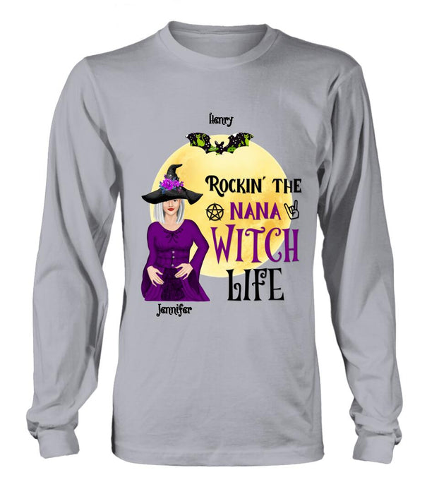 Custom Personalized Halloween Shirt/ Hoodie - Gift Idea For Halloween/ Nana From Kids with up to 7 Kids - Rockin' The Nana Witch Life