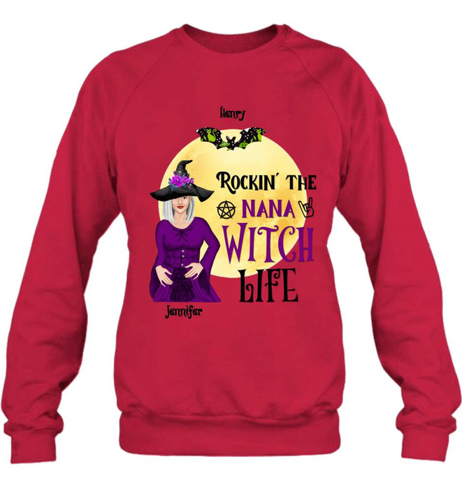 Custom Personalized Halloween Shirt/ Hoodie - Gift Idea For Halloween/ Nana From Kids with up to 7 Kids - Rockin' The Nana Witch Life