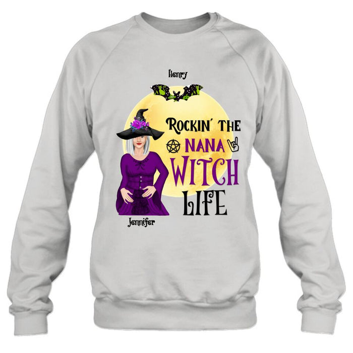 Custom Personalized Halloween Shirt/ Hoodie - Gift Idea For Halloween/ Nana From Kids with up to 7 Kids - Rockin' The Nana Witch Life