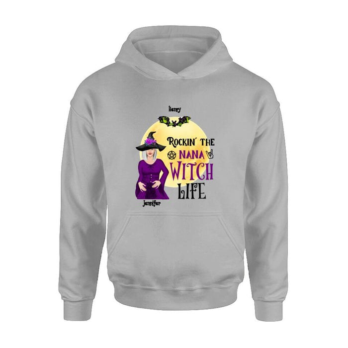 Custom Personalized Halloween Shirt/ Hoodie - Gift Idea For Halloween/ Nana From Kids with up to 7 Kids - Rockin' The Nana Witch Life