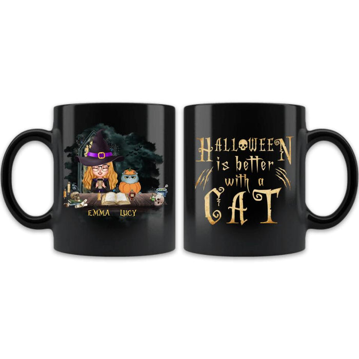 Personalized Halloween Black Coffee Mug - Best Gift Idea For Halloween/ Cat Lover with up to 4 Cats - Halloween Is Better With A Cat