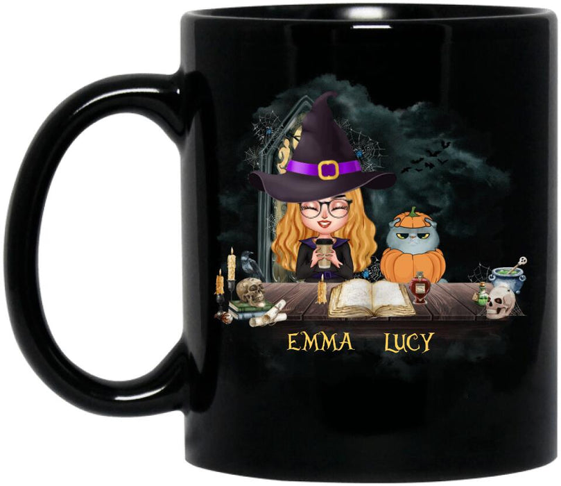 Personalized Halloween Black Coffee Mug - Best Gift Idea For Halloween/ Cat Lover with up to 4 Cats - Halloween Is Better With A Cat