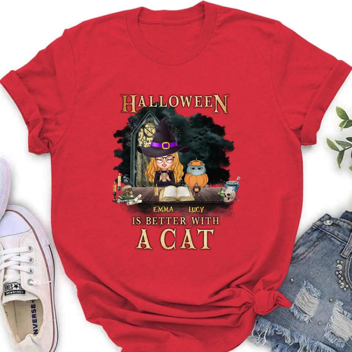 Personalized Halloween  T-shirt/ Long Sleeve - Best Gift Idea For Halloween/ Cat Lover with up to 4 Cats - Halloween Is Better With A Cat