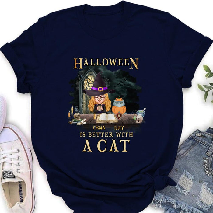 Personalized Halloween  T-shirt/ Long Sleeve - Best Gift Idea For Halloween/ Cat Lover with up to 4 Cats - Halloween Is Better With A Cat