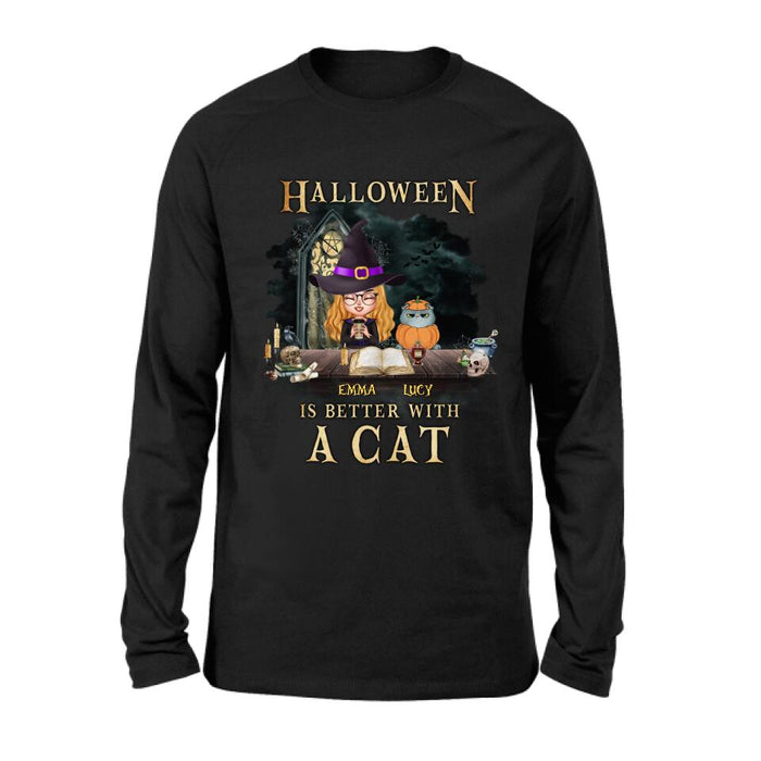 Personalized Halloween  T-shirt/ Long Sleeve - Best Gift Idea For Halloween/ Cat Lover with up to 4 Cats - Halloween Is Better With A Cat