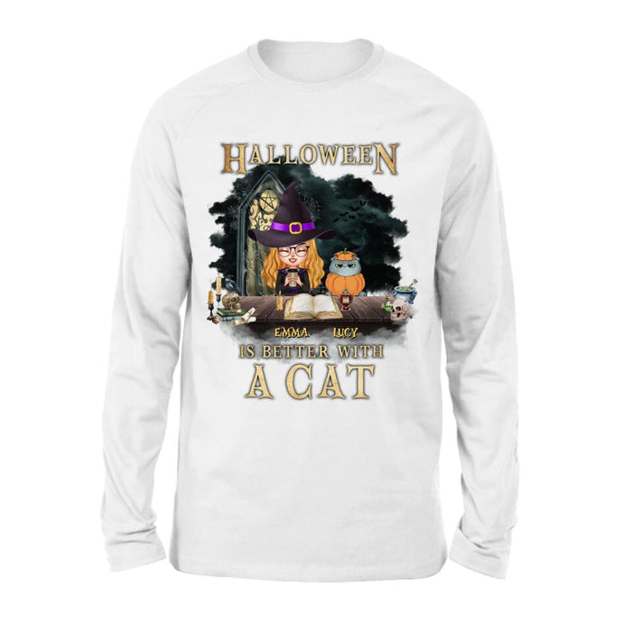 Personalized Halloween  T-shirt/ Long Sleeve - Best Gift Idea For Halloween/ Cat Lover with up to 4 Cats - Halloween Is Better With A Cat