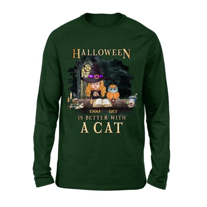 Personalized Halloween  T-shirt/ Long Sleeve - Best Gift Idea For Halloween/ Cat Lover with up to 4 Cats - Halloween Is Better With A Cat