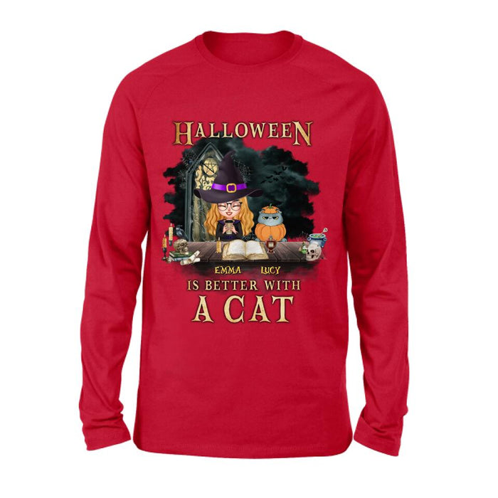 Personalized Halloween  T-shirt/ Long Sleeve - Best Gift Idea For Halloween/ Cat Lover with up to 4 Cats - Halloween Is Better With A Cat