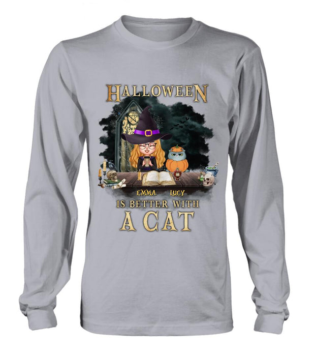 Personalized Halloween  T-shirt/ Long Sleeve - Best Gift Idea For Halloween/ Cat Lover with up to 4 Cats - Halloween Is Better With A Cat