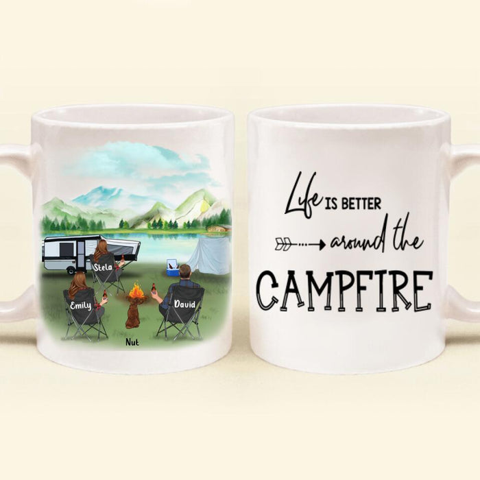 Custom Personalized Camping Enamel Mug/ Coffee Mug - 3 Aults With Pet - Best Gift For Camping Lover - Life Is Better Around The Camfire