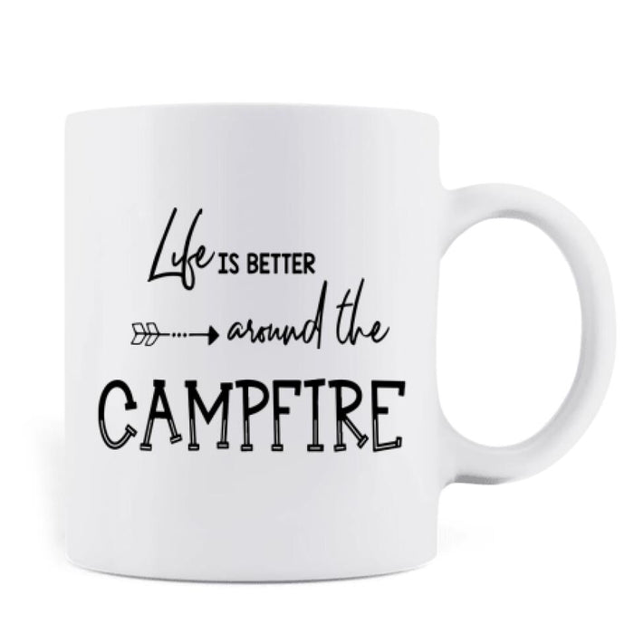 Custom Personalized Camping Enamel Mug/ Coffee Mug - 3 Aults With Pet - Best Gift For Camping Lover - Life Is Better Around The Camfire