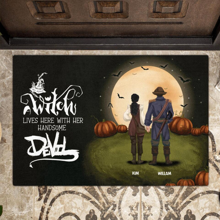 Custom Personalized Witch Doormat - Couple With Upto 3 Kids And 3 Dogs - A Witch Lives Here