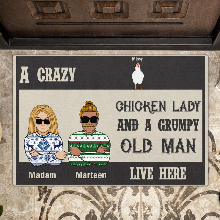 Personalized Chickens Doormat - Up to 7 Chickens - A Crazy Chicken Lady And A Grumpy Old Man Live Here