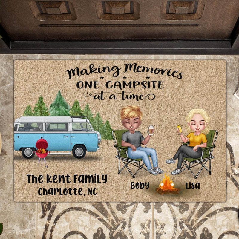 Custom Personalized Camping Chibi Doormat - Man/ Woman/ Couple - Gift Idea For Camping Lover - Making Memories One Campsite At A Time