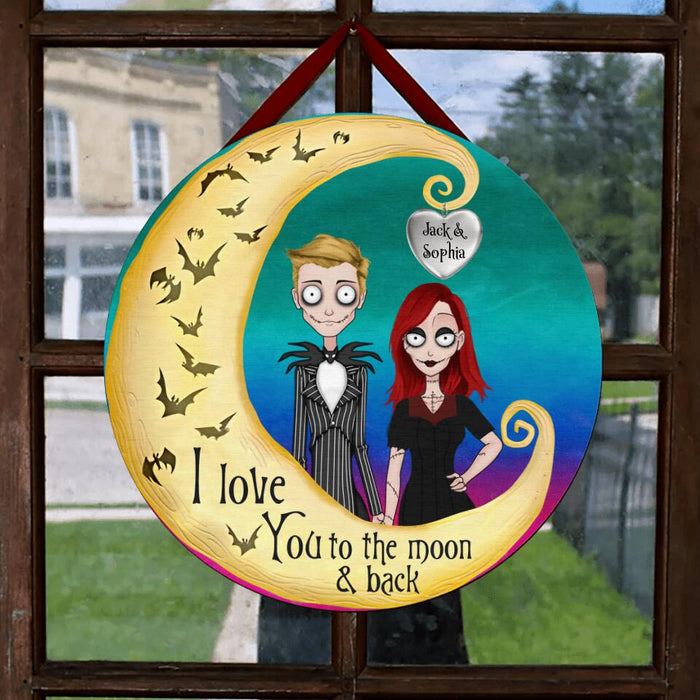 Custom Personalized Halloween Couple With Moon Wooden Sign - Gift Idea For Halloween/Couple - I Love You To The Moon & Back