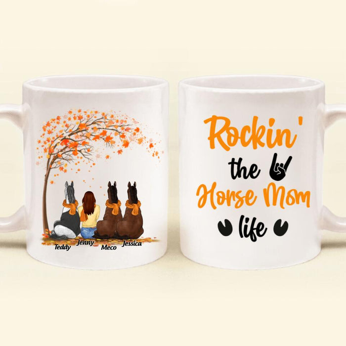 Custom Personalized Horse Mom In Autumn Mug - Girl With Upto 3 Horses - Best Gift For Horse Lover - Rocking The Horse Mom Life