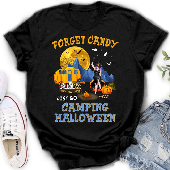 Custom Personalized Camping Witch Shirt/ Hoodie - Witch With Upto 3 Dogs - Gift Idea For Halloween/ Dog Lover, Camping Lover - Forget Candy Just Go Camping Halloween