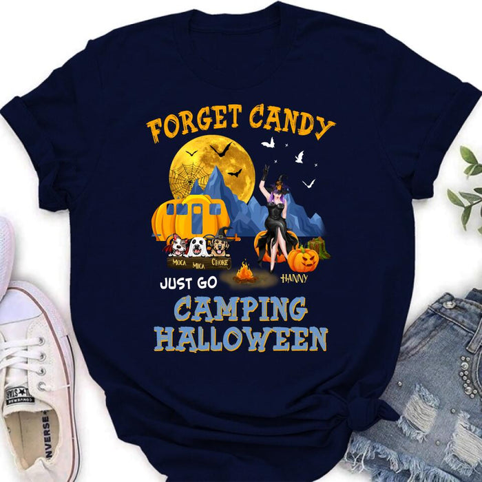 Custom Personalized Camping Witch Shirt/ Hoodie - Witch With Upto 3 Dogs - Gift Idea For Halloween/ Dog Lover, Camping Lover - Forget Candy Just Go Camping Halloween