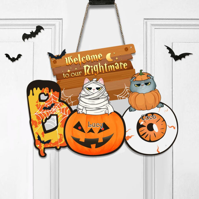 Custom Personalized Pet Boo Metal Sign - Gift for Halloween, Dog Lovers, Cat Lovers - Up to 2 Pets - Welcome to our nightmare