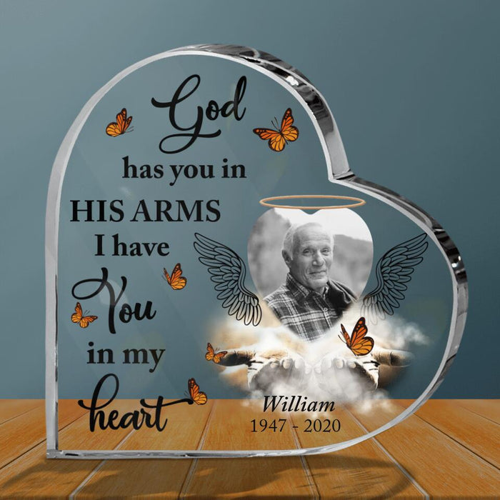 Custom Personalized Photo Memorial Crystal Heart - Memorial Gift Idea For Family's Member/ Father's Day - God Has You In His Arms I Have You In My Heart