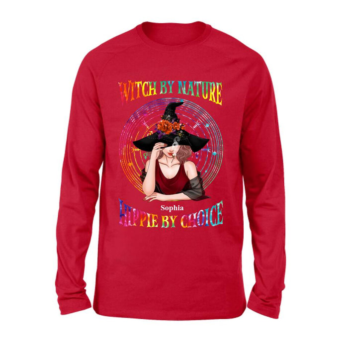 Custom Personalized Witch T-shirt/ Long Sleeve/ Sweatshirt - Halloween Gift Idea - Witch By Nature, Hippie By Choice