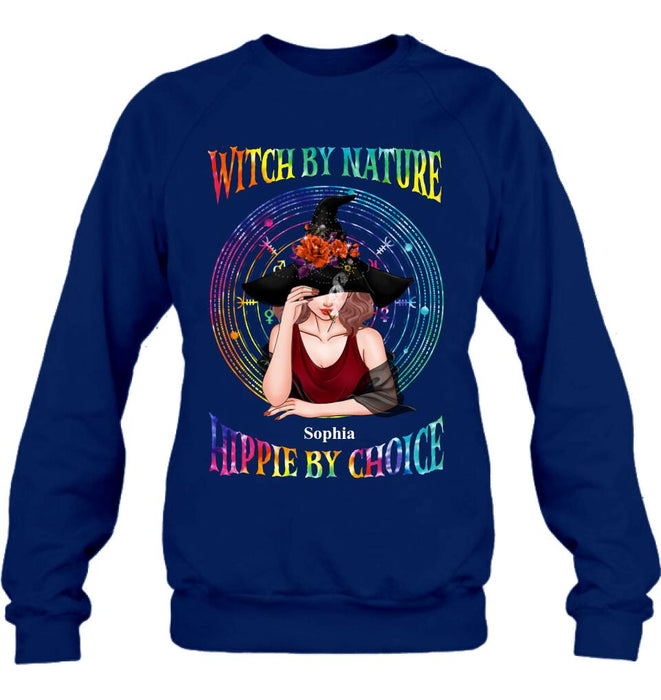 Custom Personalized Witch T-shirt/ Long Sleeve/ Sweatshirt - Halloween Gift Idea - Witch By Nature, Hippie By Choice