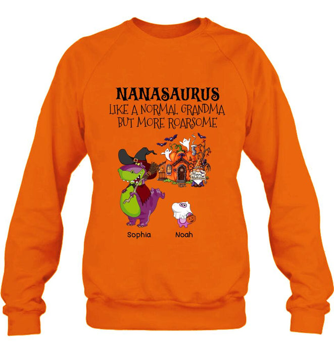 Custom Personalized Nanasaurus T-shirt/ Long Sleeve/ Sweater/ Hoodie - Gift Idea For Halloween/ Grandma - Grandma With Upto 6 Kids - Nanasaurus Like A Normal Grandma But More RoarSome