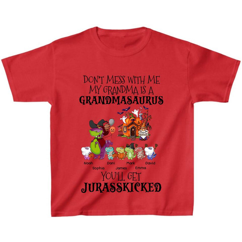 Personalized Dino Kid T-shirt - Halloween Gift Idea For Kid From Grandma - Grandma With Up to 6 Kids - Don't Mess With Grandmasaurus, You'll Get Jurasskicked