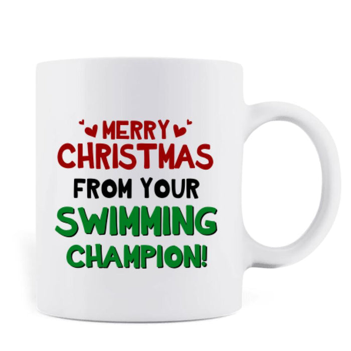 Custom Personalized Dad Mug - Upto 7 Kids - Christmas Gift Idea For Father - Merry Christmas From Your Swimming Champion