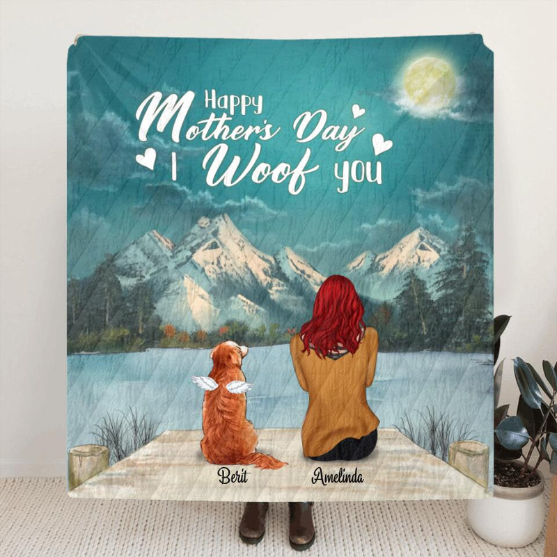 Personalized Mother's Day Gift Idea For Dog Mom, Cat Mom - Mom and Up to 5 Pets Fleece Blanket/Quilt - Happy Mother's Day I Woof You