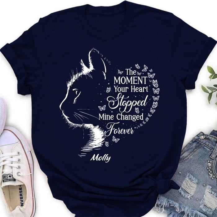 Personalized Memorial Cat T-Shirt/ Long Sleeve/ Sweater/Hoodie - Memorial Gift For Loss Of Cat - The Moment Your Heart Stopped Mine Changed Forever