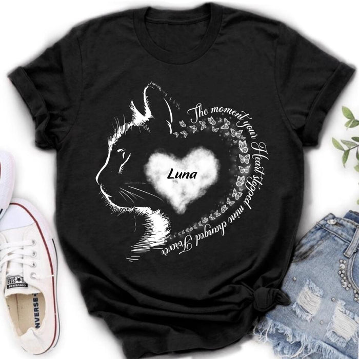 Custom Personalized Memorial Cat T-Shirt/ Long Sleeve/ Sweater/Hoodie - Memorial Gift For Loss Of Cat - The Moment Your Heart Stopped Mine Changed Forever