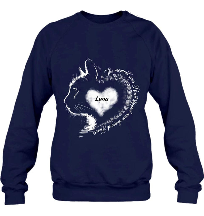 Custom Personalized Memorial Cat T-Shirt/ Long Sleeve/ Sweater/Hoodie - Memorial Gift For Loss Of Cat - The Moment Your Heart Stopped Mine Changed Forever