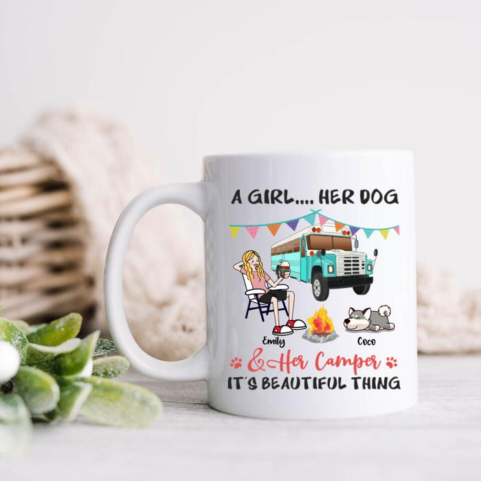 Custom Personalized A Camping Girl And Her Pet Coffee Mug - Upto 3 Pets - Gift For Dog/Cat/ Camping Lover